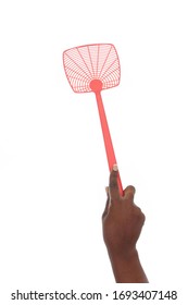 
Close Up Hands Of A Young African Black Woman Holding A Fly Swatter On Studio Isolated White Background