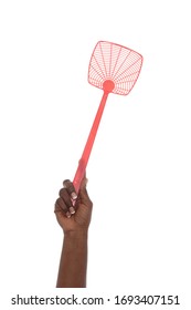 
Close Up Hands Of A Young African Black Woman Holding A Fly Swatter On Studio Isolated White Background