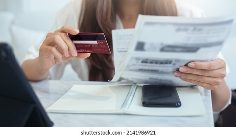 Close Up Of Hands Young Asian Woman Holding Credit And Bank Statement To Check Credit Card Expenses From Ordering Product In Internet Store, Credit Card Mock Up