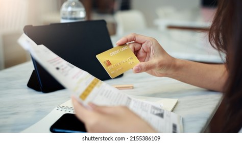 Close Up Of Hands Young Asian Woman Holding Credit And Bank Statement To Check Credit Card Expenses From Ordering Product In Internet Store, Credit Card Mock Up