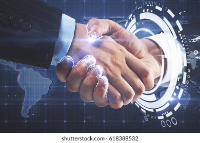 Close Up Of Handshake With Digital Pattern And Map. International Partnership Concept