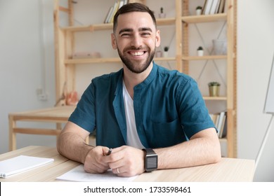 Close Up Happy Bearded Man Hr Makes Good First Impression For Applicant In Office. Board Smiling Male Manager Introduces Company For Job Seeker At Hire Meeting.