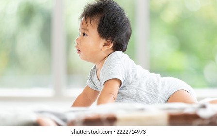 Close Up Happy Smiling Adorable Beautiful Baby Boy Crawling On His Knees In The Living Room. Childhood, Babyhood And People Concept.