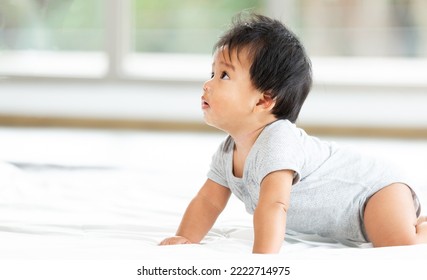 Close Up Happy Smiling Adorable Beautiful Baby Boy Crawling On His Knees In The Living Room. Childhood, Babyhood And People Concept.