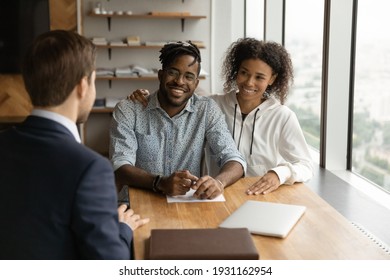 Close Up Happy Smiling African American Young Couple Listening To Manager Financial Advisor Realtor At Meeting, Businessman Consulting Family About Contract Terms, Investment Or Insurance