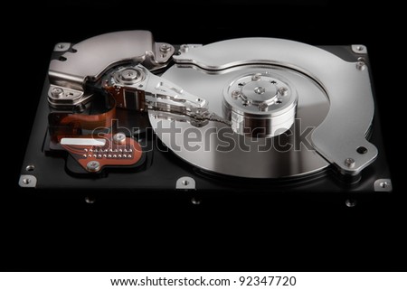 close up of hard disk  isolated on black background High reolution
