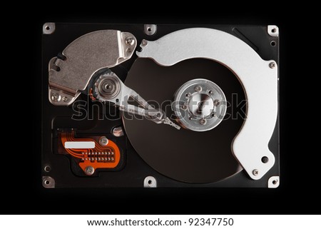 close up of hard disk  isolated on black background High reolution