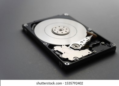 Close up of hard disk's internal mechanism hardware. Soft focus at middle and background.