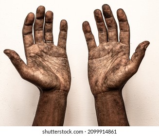 Close Up Hard Working Person Dirty Hands With Palms Up Show Isolated In White Background