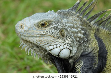 Close up of the head of an iguana or iguana iguana walking in the grass. Has eyes like eyes on the head that function to identify ambient light. Unique scaly skin. A type of lizard - Powered by Shutterstock