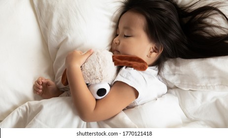 Close Up Head Shot Above Top View Charming Cute Little Preschool Asian Ethnic Girl Baby Lying On Back Under Blanket, Cuddling Favorite Fluffy Toy, Seeing Good Night Dreams, Sleeping Alone In Bed.