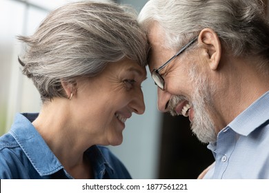 Close up head shot side view loving bonding happy hoary middle aged 60s mature family couple touching foreheads, enjoying sweet tender moment together indoors, retired senior people relations concept.
