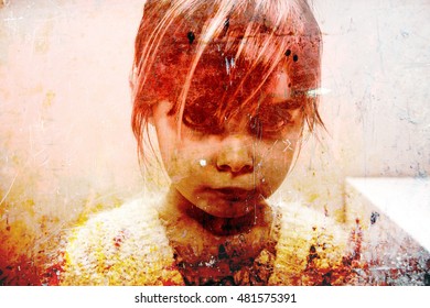 Close Up Head And Shoulders Of Young Girl Child With Sad Expression. Horror Or Terror Neglect Concept. Filter Effects Added To Image.