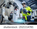 Close up head welding machine robot arm Industry. Technician engineer using remote control automation robotics at industrial modern lab factory.