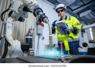 Close up head welding machine robot arm Industry. Technician engineer using remote control automation robotics at industrial modern lab factory. - Powered by Shutterstock