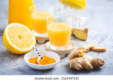 Close up of healthy Ginger Lemon Turmeric Shot ? ideal to boost the immune system - Shutterstock ID 2161947155