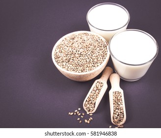 Close Up of hemp milk and seeds on the dark background .
