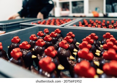 close up of hen-shaped chocolates at a chocolatier workshop