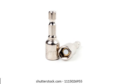 Close Up HEX Drive Magnetic Drill Bit Socket Driver (8mm) For Roof Screw Isolated On White Background.