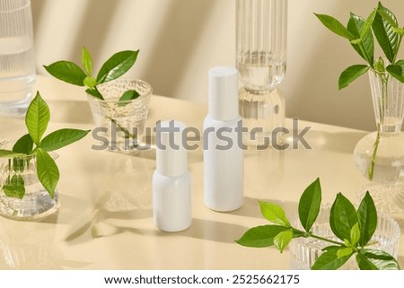 Close up high angle shot at two unbranded white cosmetic bottles, which displayed on beige table and surrounded by glass jars of green plants. Cosmetic advertising mock up, empty space for designing