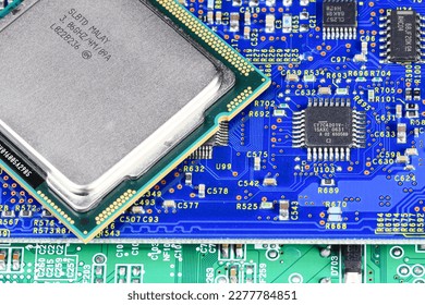 Close up of High performance CPU or central processor unit on electronic board background.