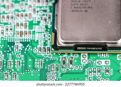 Close up of High performance CPU or central processor unit on electronic board background.