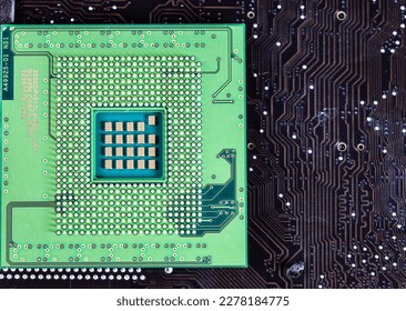 Close up of High performance CPU or central processor unit on electronic board background.