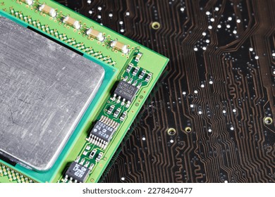 Close up of High performance CPU or central processor unit on electronic board background.