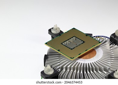 Close Up Hight Performance CPU With Active Aluminum And Copper  Heatsink Isolated On White Background.