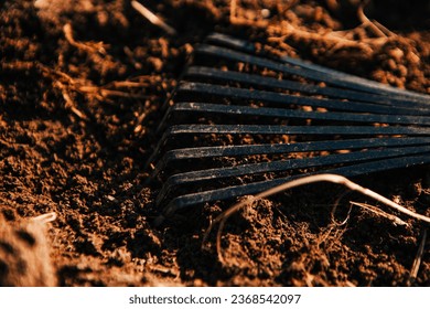 Close up of hoe for weeding beds in the ground - Shutterstock ID 2368542097