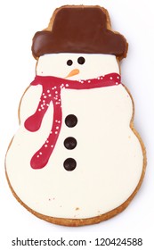 Close Up Holiday Snowman Gingerbread Man Cookie Over White