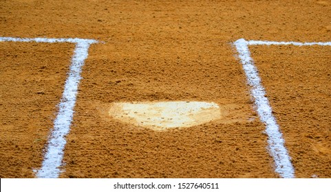 Close Up Of Home Plate In Baseball Or Softball Diamond With White Chalk Outlines For Batters Boxes. Photo From Catcher's Perspective.