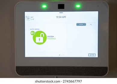 Close up of home security system control panel screen.
