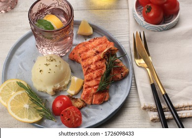 Close Up Homemade Grilled Tuna With Rosemary And A Scoop Of Mashed Potato. Delicious And Healthy 