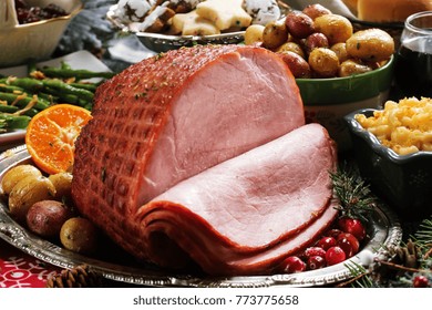 Close Up Of Homemade Ham Sliced  / Xmas Dinner  Table Setting, Selective Focus