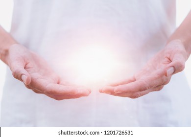 Close Up Horizontal Image Of Distance Healing Hands Of Therapist At Reiki Healing Treatment. Alternative Therapy Concept