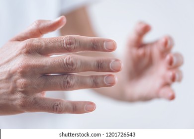 Close Up Horizontal Image Of Distance Healing Hands Of Therapist At Reiki Healing Treatment. Alternative Therapy Concept