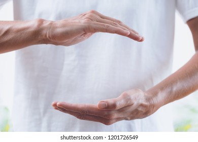 Close Up Horizontal Image Of Distance Healing Hands Of Therapist At Reiki Healing Treatment. Alternative Therapy Concept