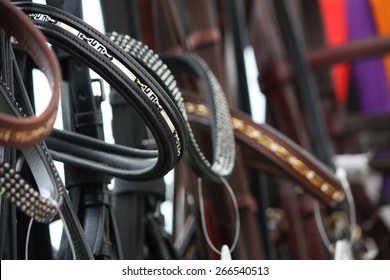Close up of horse leather bridles in shop