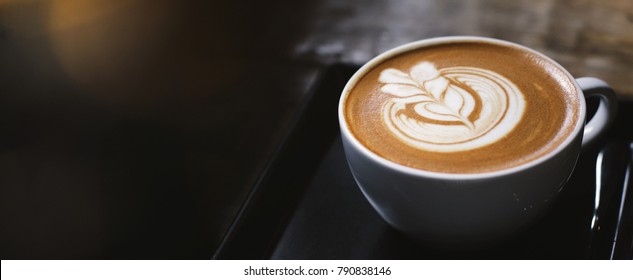 Close Up Of Hot Latte Coffee In The Cafe, Photo Banner For Website Header Design With Copy Space For Text