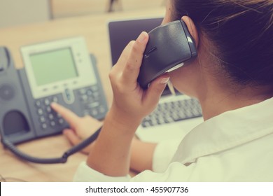 close up hotline call centre woman work as operator and try to response answer's customer question or partner concept