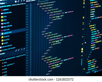 Close up of HTML main menu in code editor for website development, implementing SEO concepts for better SERP