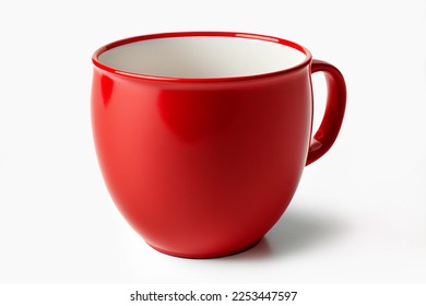 Close up huge red mug. Red cup for tea or soup isolated on white background with clipping path. Red coffee cup mockup.