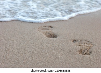 Close up of human footprints on the sand beach in sunny day at summer. Beautiful sandy tropical beach with sea wave. Footsteps on the shore. - Shutterstock ID 1203688558