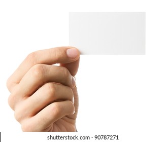 Close Up Of Human Hand Holding Business Card Isolated