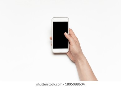 Close up of human hand using smartphone with blank black screen