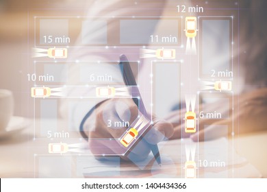 Close up of human hands background and autonomous self drive pilot vehicle concept. Multi exposure.