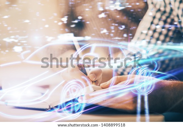 Close up of human hands\
background and autonomous self drive pilot vehicle concept. Multi\
exposure.