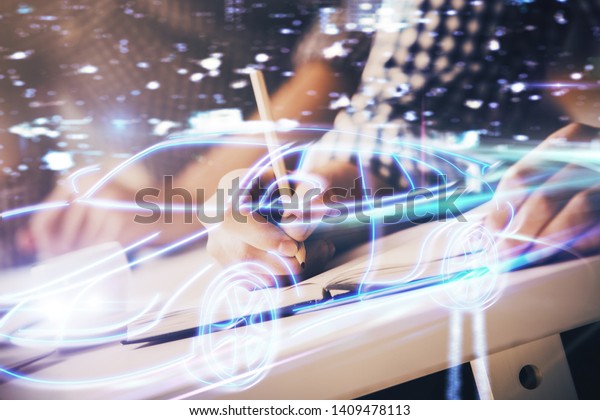 Close up of human hands\
background and autonomous self drive pilot vehicle concept. Multi\
exposure.