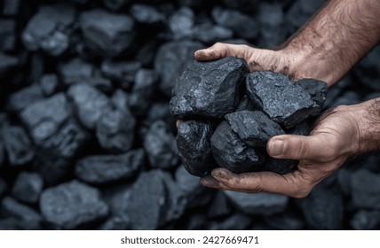 Close up of human hands holding pile of coal with copy space